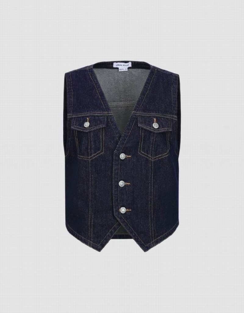 Urban Revivo V-Neck Denim Waistcoat シャツ レディース 青 | 013784-LCD