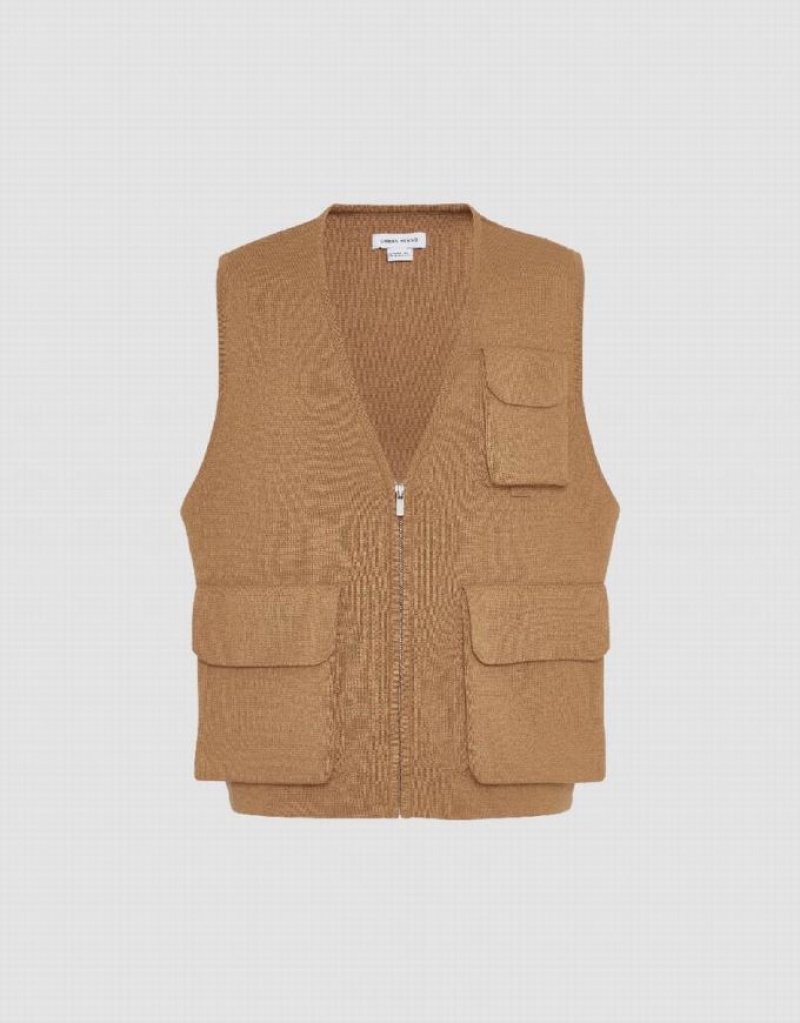 Urban Revivo V-Neck ニット Waistcoat コート メンズ ブラウン | 520967-GQZ