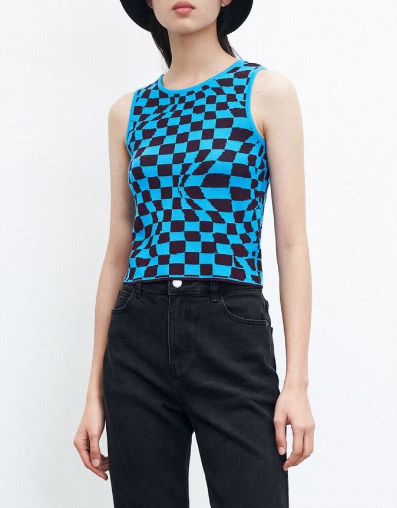 Urban Revivo Wavy Checkered ニット タンクトップ レディース 青 | 736820-BFM