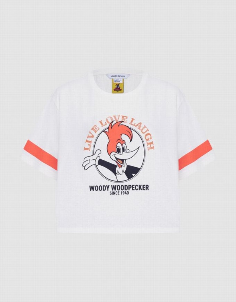 Urban Revivo Woody Woodpecker Crop Tシャツ レディース 白 | 574381-ILV