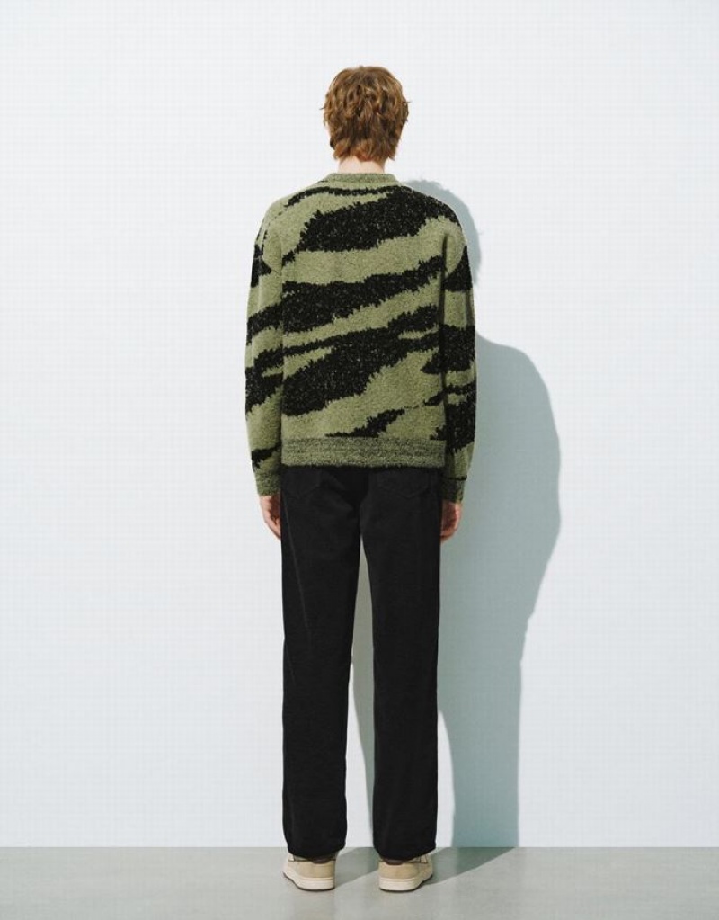 Urban Revivo Zebra Printed Crew Neck ニット カーディガン メンズ 緑 | 215864-XDE