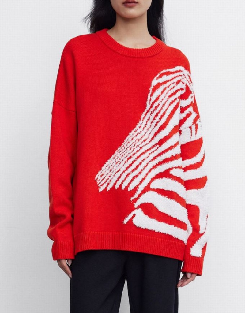 Urban Revivo Zebra ストライプ Crew Neck セーター レディース 赤 | 028345-TIB