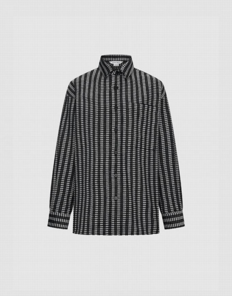 Urban Revivo ストライプ Button Up Oversized シャツ メンズ 黒 | 680593-GMT