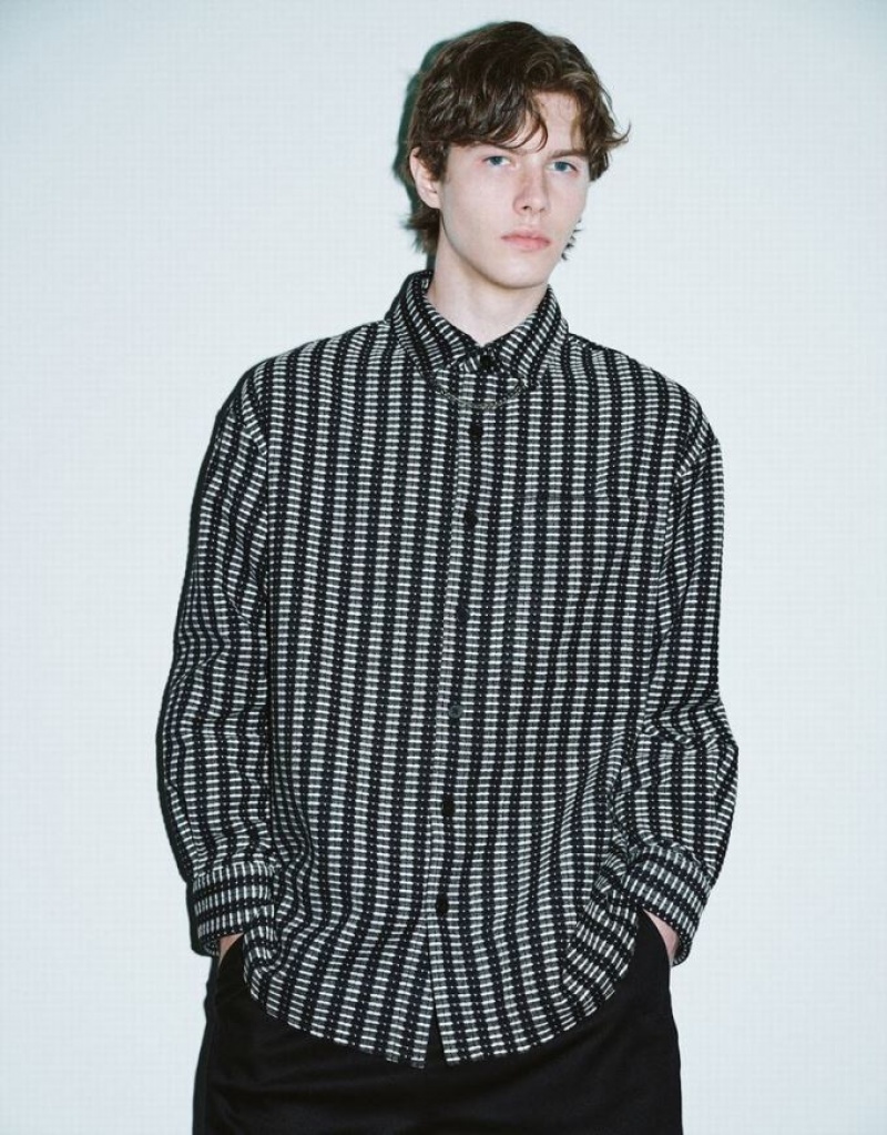 Urban Revivo ストライプ Button Up Oversized シャツ メンズ 黒 | 680593-GMT