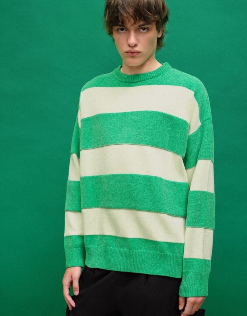 Urban Revivo ストライプ Crew Neck ニット カーディガン メンズ 緑 | 394201-VNE