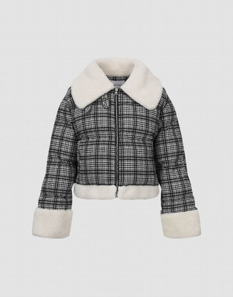 Urban Revivo ジッパー Front Plaid Furry パッド入り コート レディース グレー | 319842-OQR