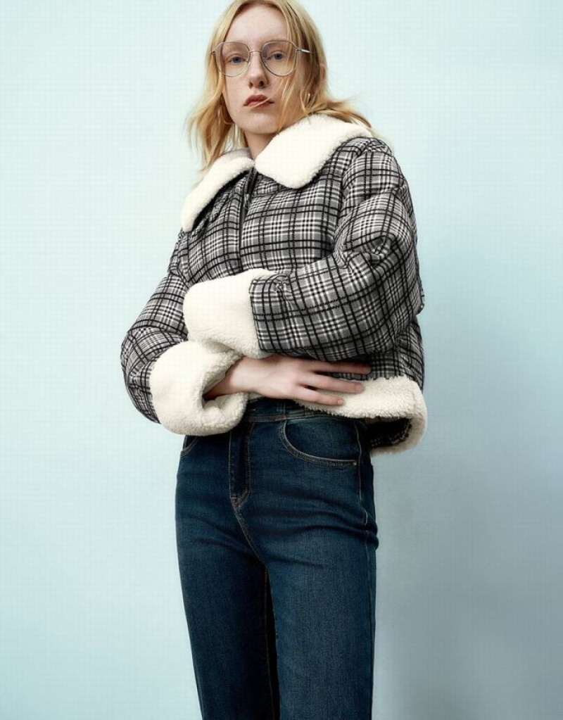 Urban Revivo ジッパー Front Plaid Furry パッド入り コート レディース グレー | 319842-OQR