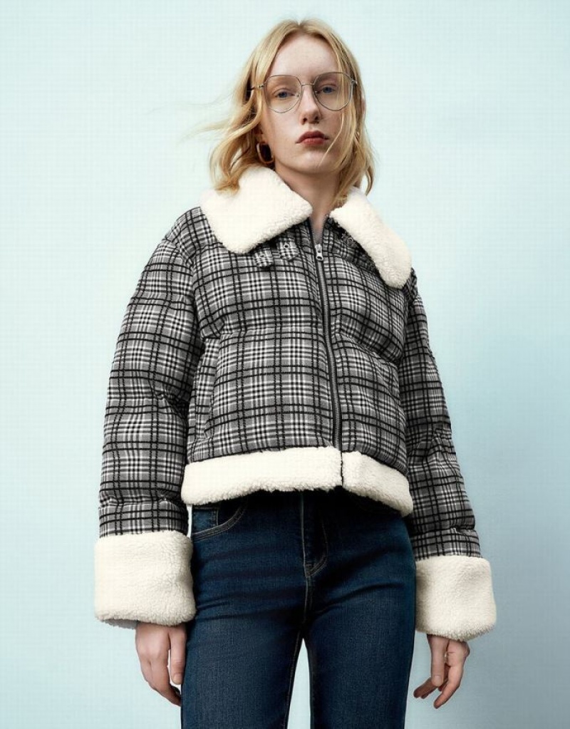 Urban Revivo ジッパー Front Plaid Furry パッド入り コート レディース グレー | 319842-OQR