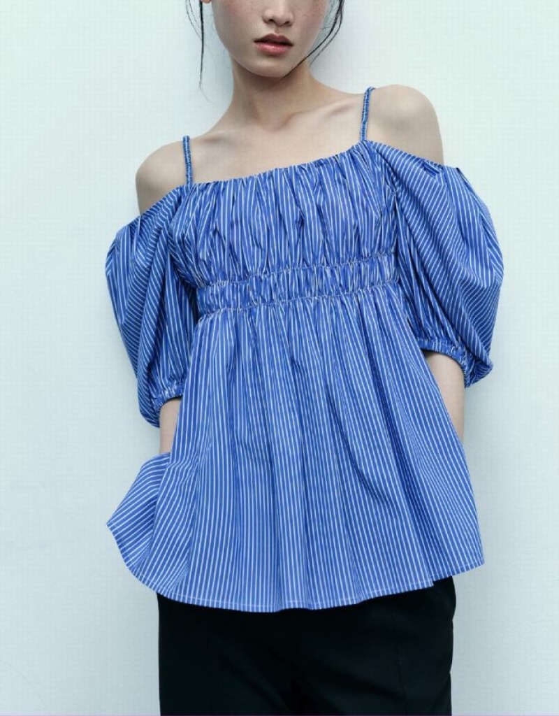 Urban Revivo ストライプ Off-Shoulder タンクトップ レディース 青 | 237964-CFX