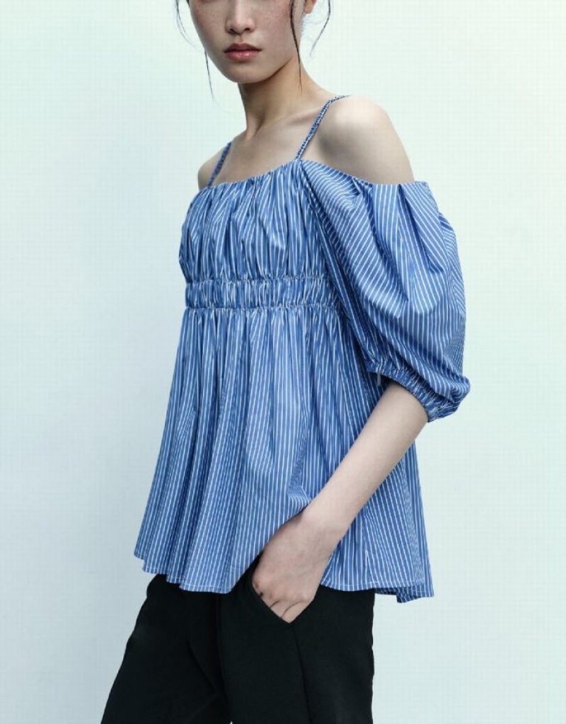 Urban Revivo ストライプ Off-Shoulder タンクトップ レディース 青 | 237964-CFX