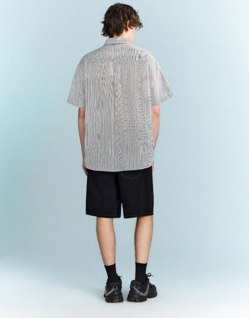 Urban Revivo ストライプ Oversized シャツ メンズ 黒 | 135890-SEO