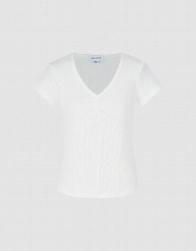 Urban Revivo ニット V-Neck スキニー Tシャツ レディース 白 | 078291-UAY