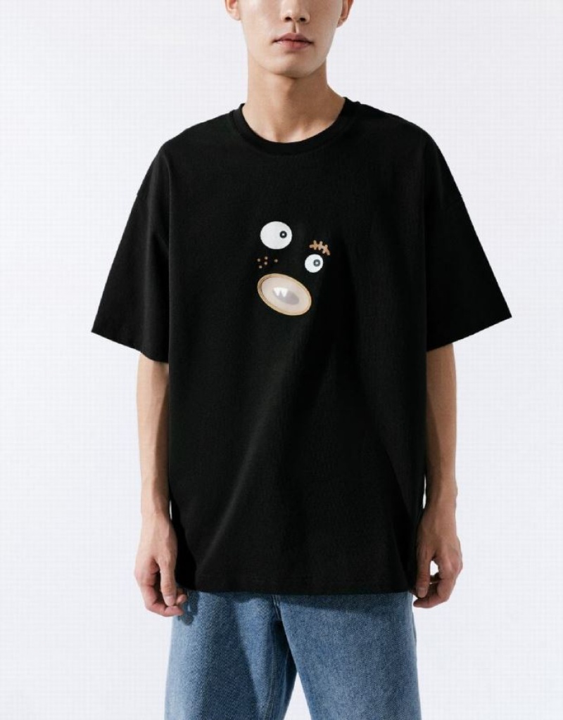 Urban Revivo 真っ直ぐ ニット Tシャツ メンズ 黒 | 509768-DOK