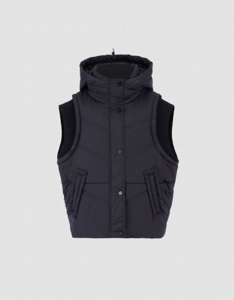 Urban Revivo フード付き パッド入り Waistcoat コート レディース 黒 | 098341-JTG